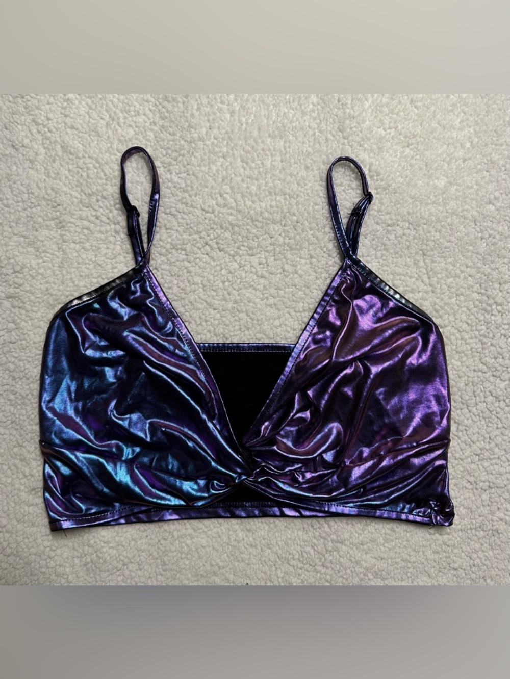 Large Iridescent Blue-Purple Twist Front Spaghetti Strap Crop Top Like New